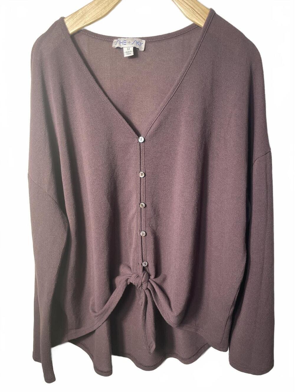 She + Sky Cardigan Knit Sweater Blouse Top Women's Size Medium Brown Button Bow
